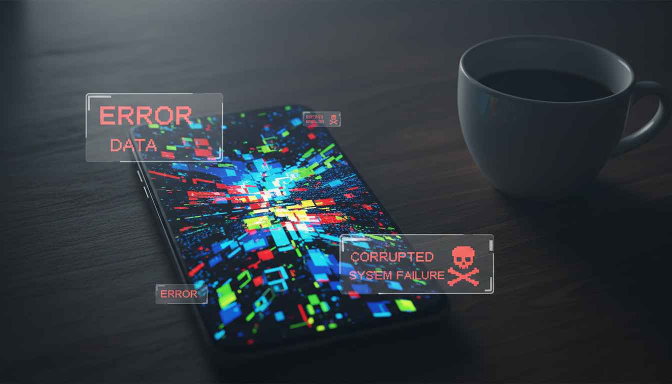 Un smartphone affichant une vidéo truquée avec des artefacts numériques, symbolisant les deepfakes et fausses informations générées par l'IA