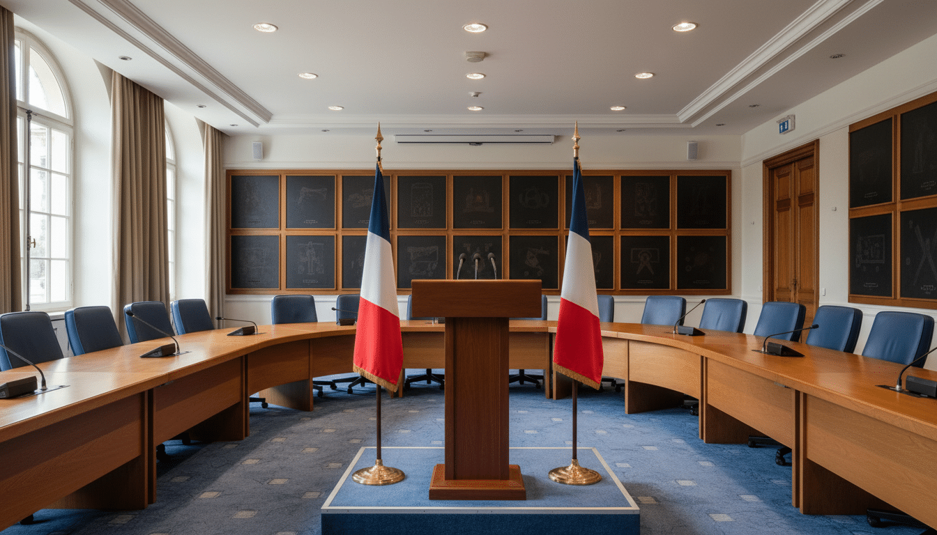 Salle de conférence de la Fédération Française de Football avec pupitre et drapeaux