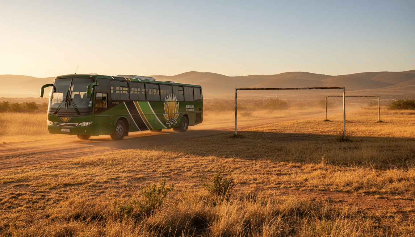 Bus d'équipe garé sur une route poussiéreuse en Afrique du Sud près d'un terrain d'entraînement, lumière dorée du matin — symbole de la crise de Knysna