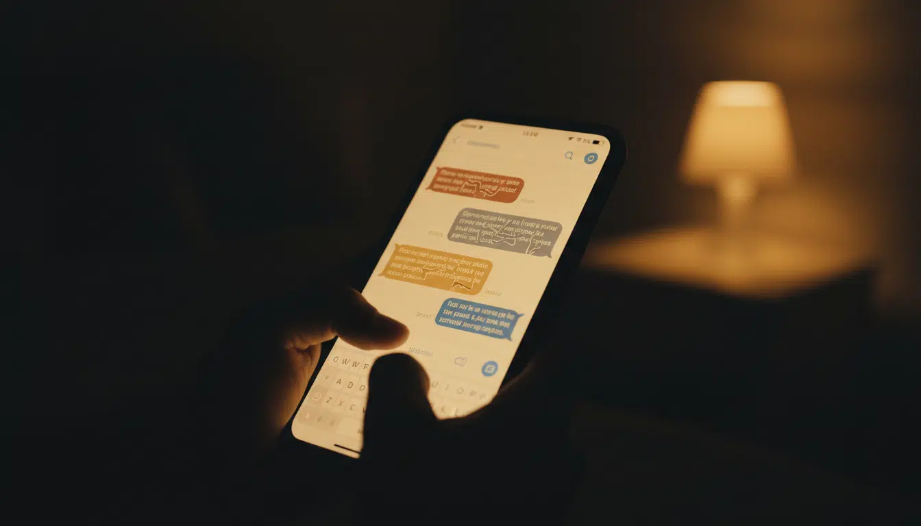 Téléphone affichant des messages de détresse dans l'obscurité