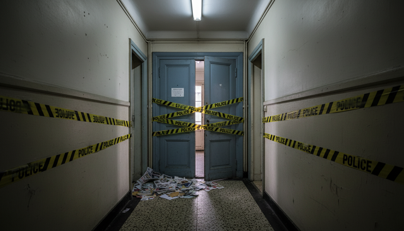 Ruban de police devant la porte d'un appartement