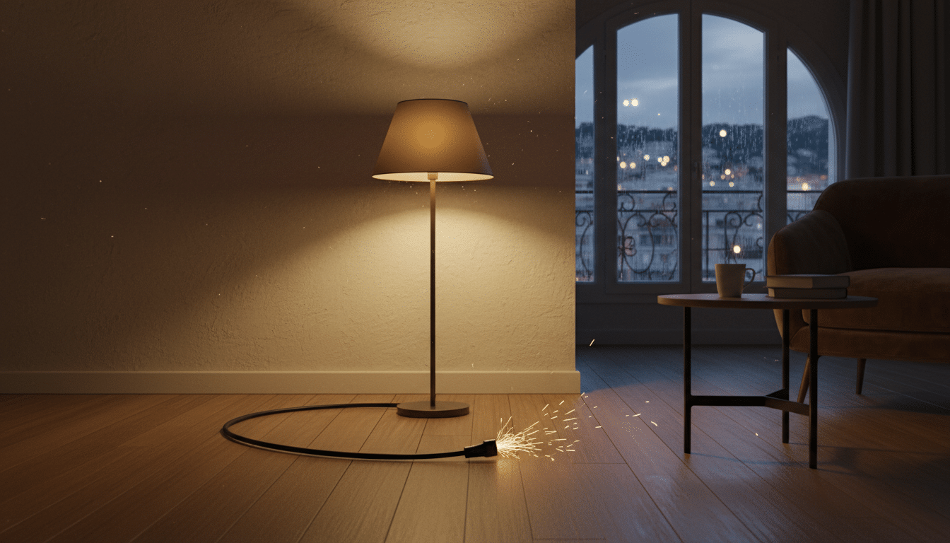 Câble sectionné au sol dans un appartement sombre, ambiance inquiétante