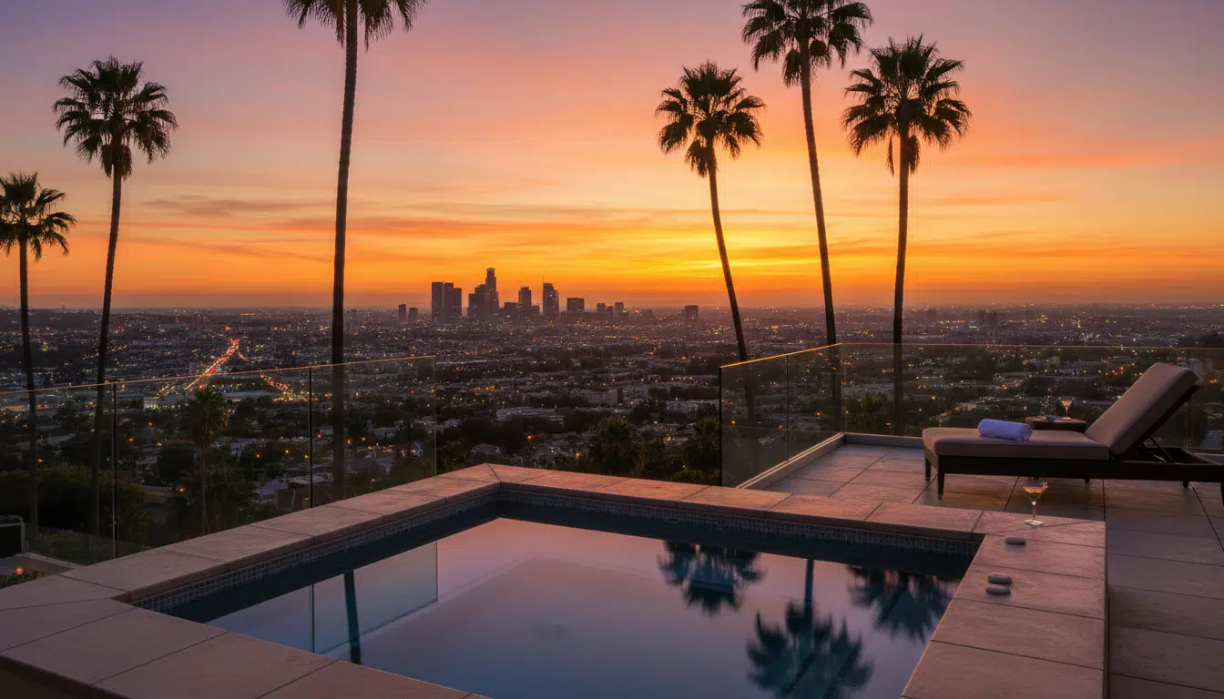 Jacuzzi à Los Angeles au crépuscule rappelant le lieu du drame