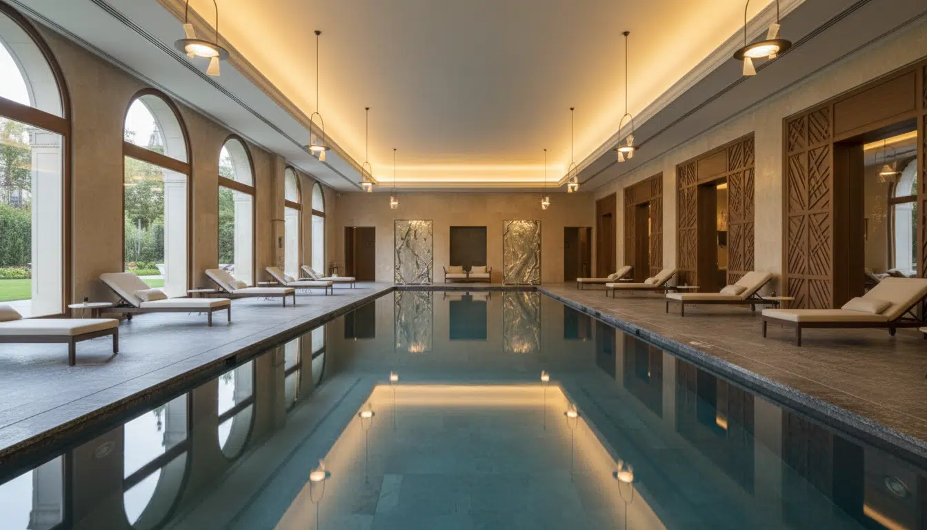 Piscine intérieure parisienne avec bassin en granit et eau turquoise, là où s'est produit le drame