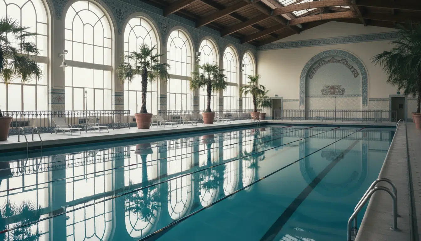 Piscine parisienne vide aux eaux turquoise, évoquant les circonstances du drame survenu rue Blanche