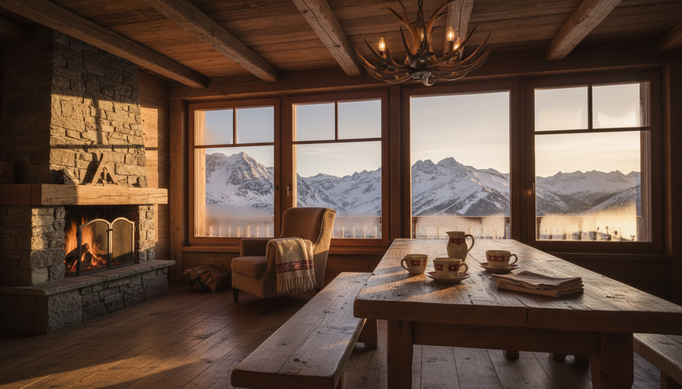 Chalet suisse à Gstaad au petit matin, deux tasses de café vides sur une table en bois devant une fenêtre enneigée