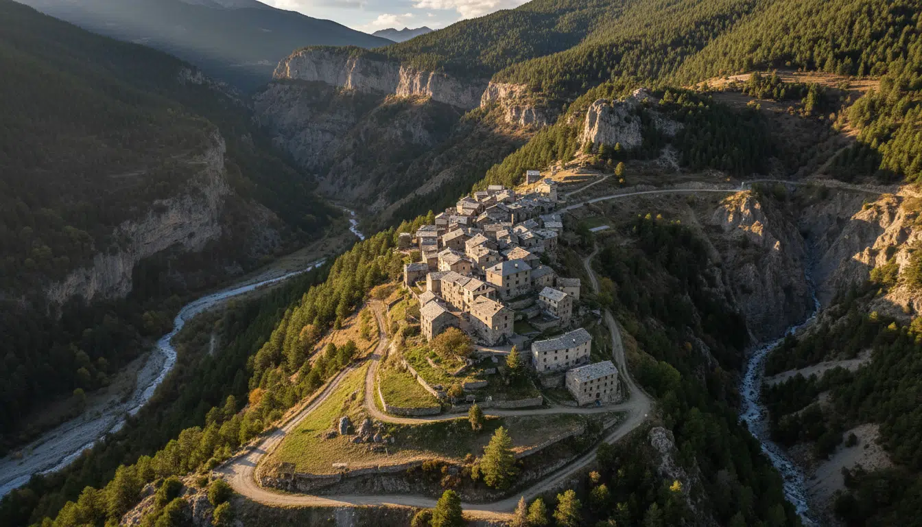 Vue aérienne du hameau isolé du Haut-Vernet dans les Alpes
