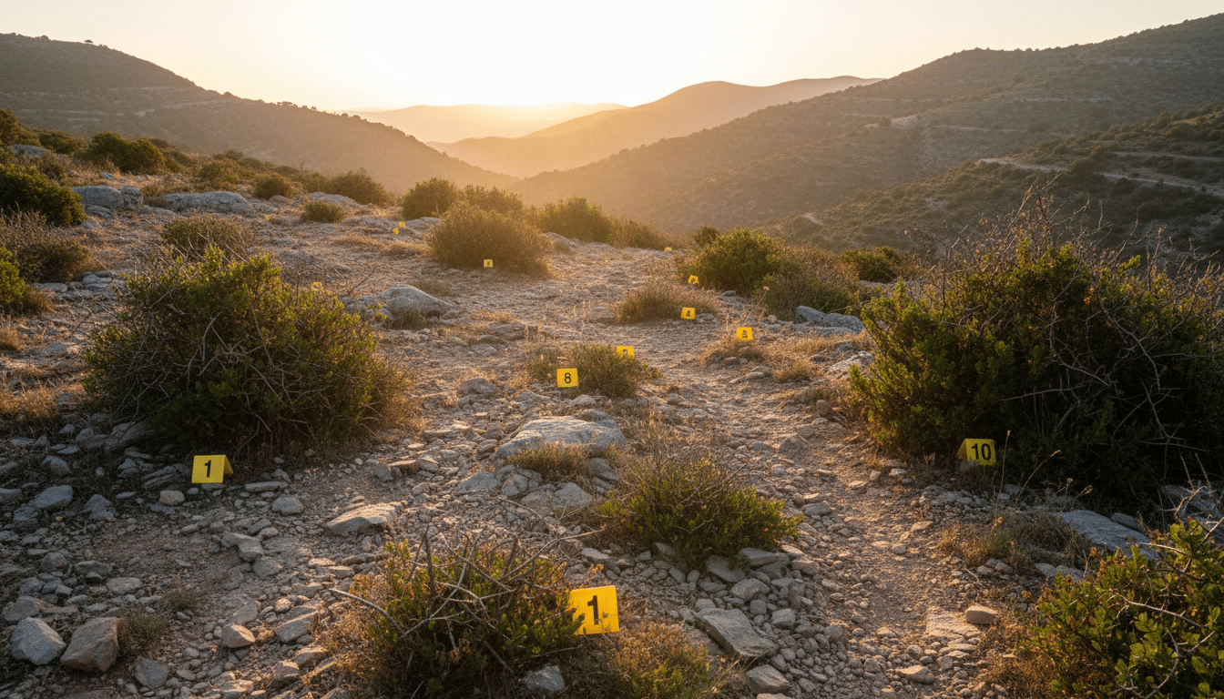Marqueurs d'expertise médico-légale sur un chemin de montagne
