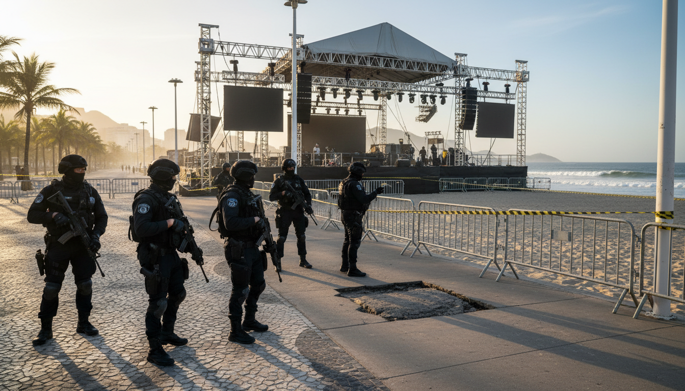 Police brésilienne sur la promenade de Copacabana près du chantier