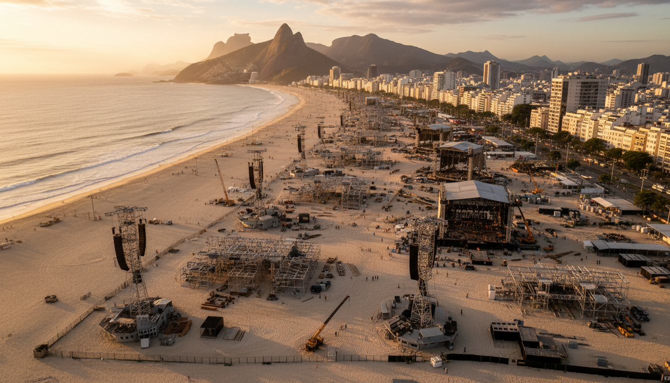 Vue aérienne du montage du concert à Copacabana Rio de Janeiro
