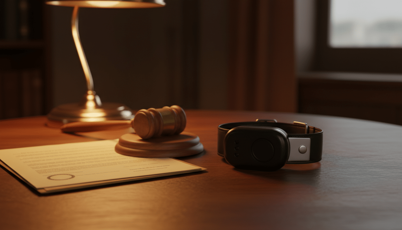 Bracelet de géolocalisation et documents judiciaires sur un bureau