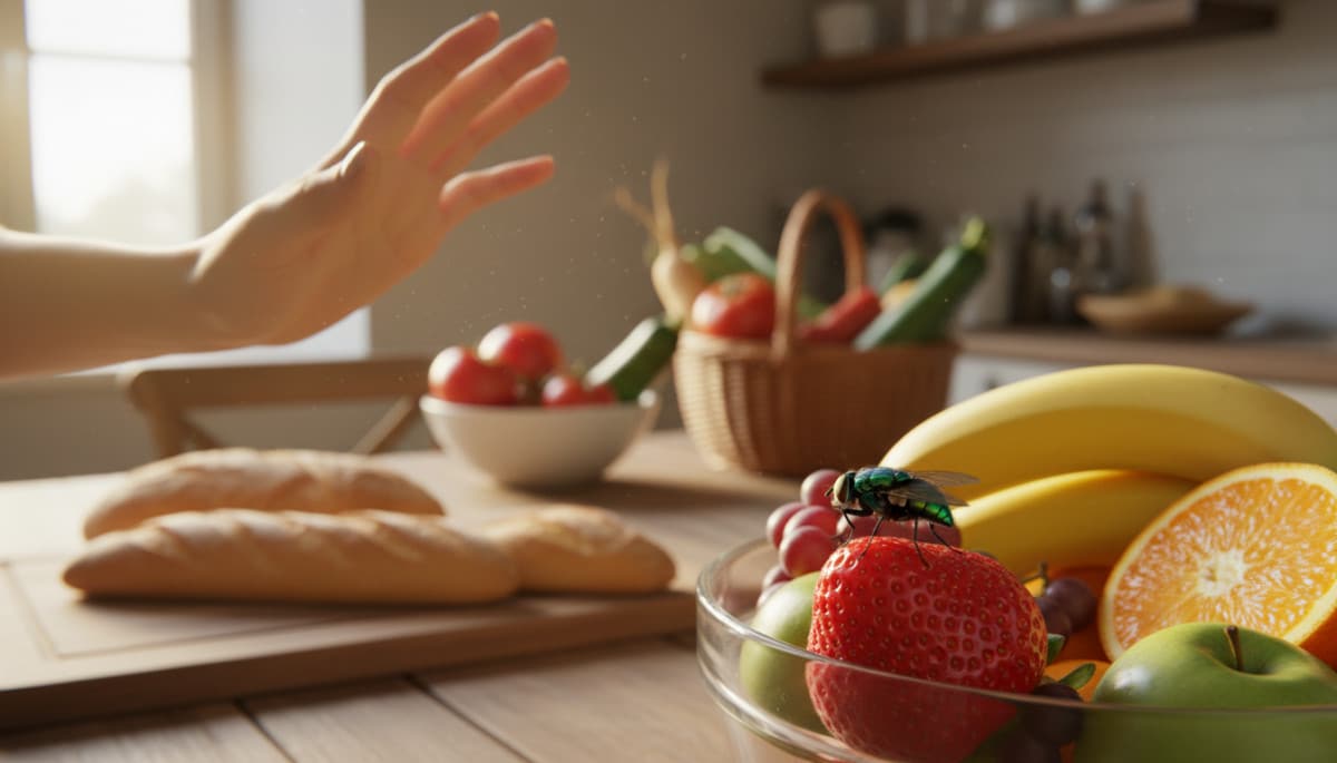 Mouche posée sur des fruits dans une cuisine