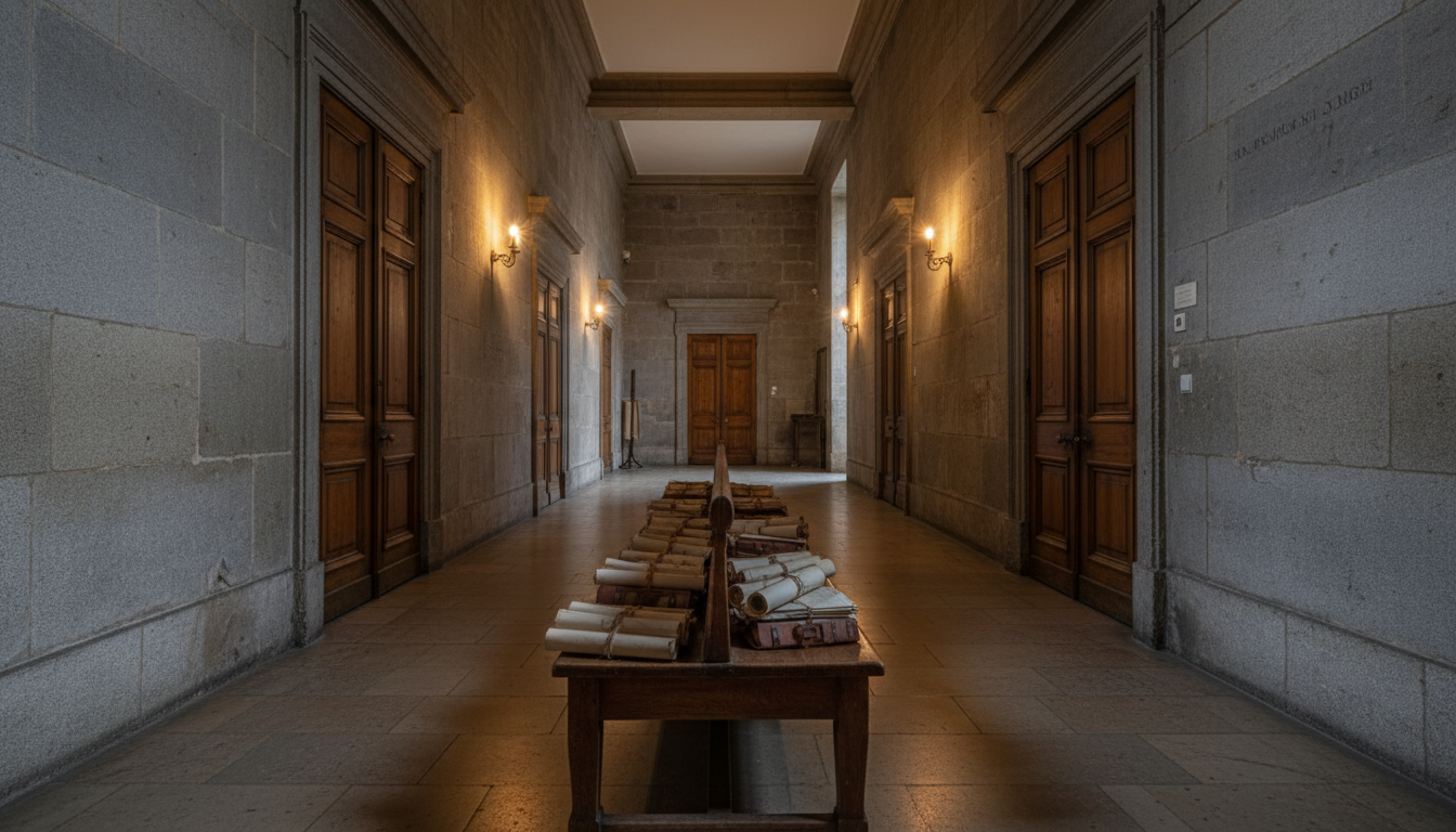 Couloir de tribunal français éclairé par une lumière tamisée