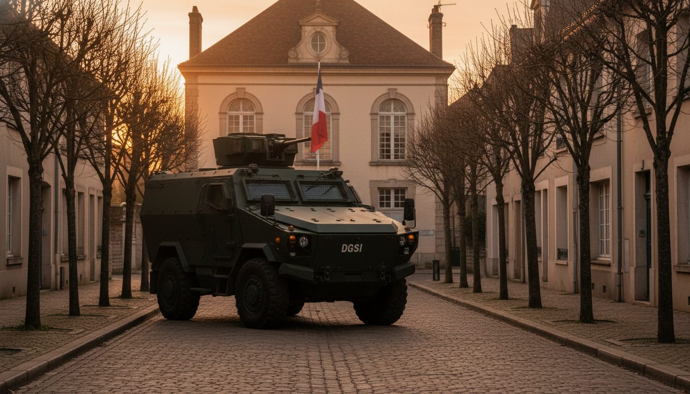 Véhicule de la DGSI stationné dans une rue résidentielle du Rhône