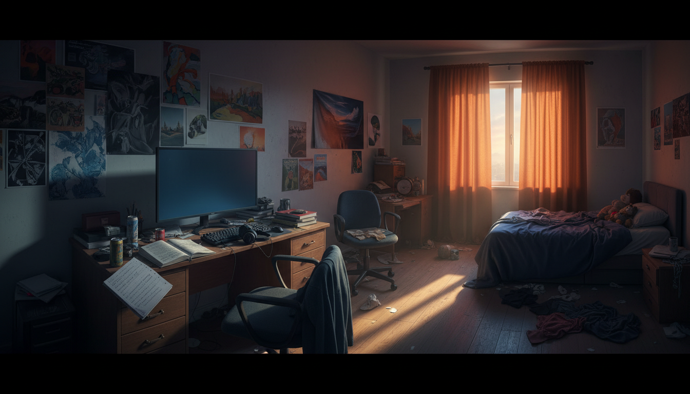 Chambre d'adolescent vide avec un écran d'ordinateur éteint