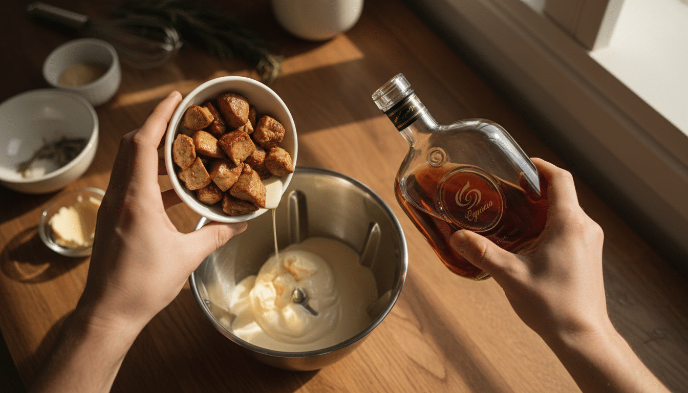 Ingrédients de la mousse de canard versés dans un mixeur