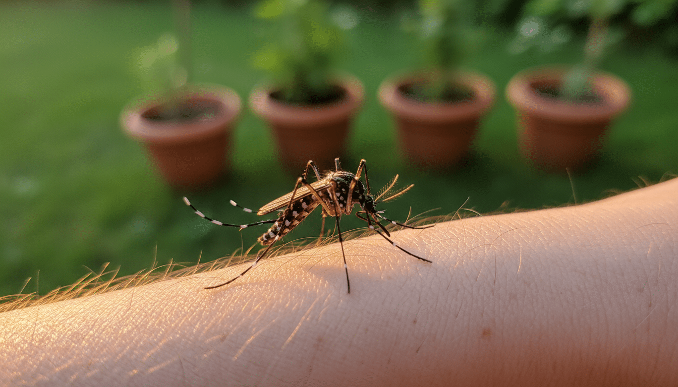 Moustique tigre posé sur un bras humain au jardin