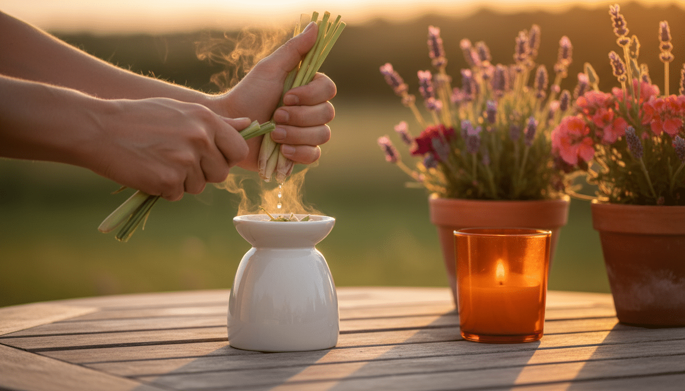 Diffusion d'huiles essentielles de citronnelle en extérieur le soir