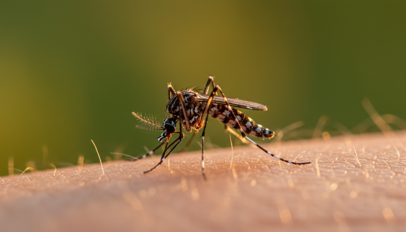Gros plan d'un moustique tigre aux rayures noires et blanches