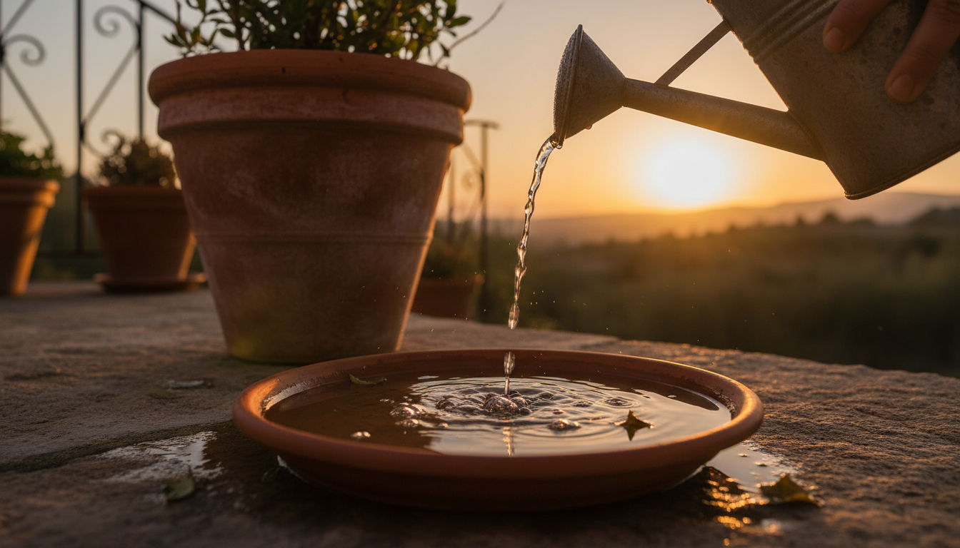 Eau stagnante dans une soucoupe après arrosage du soir