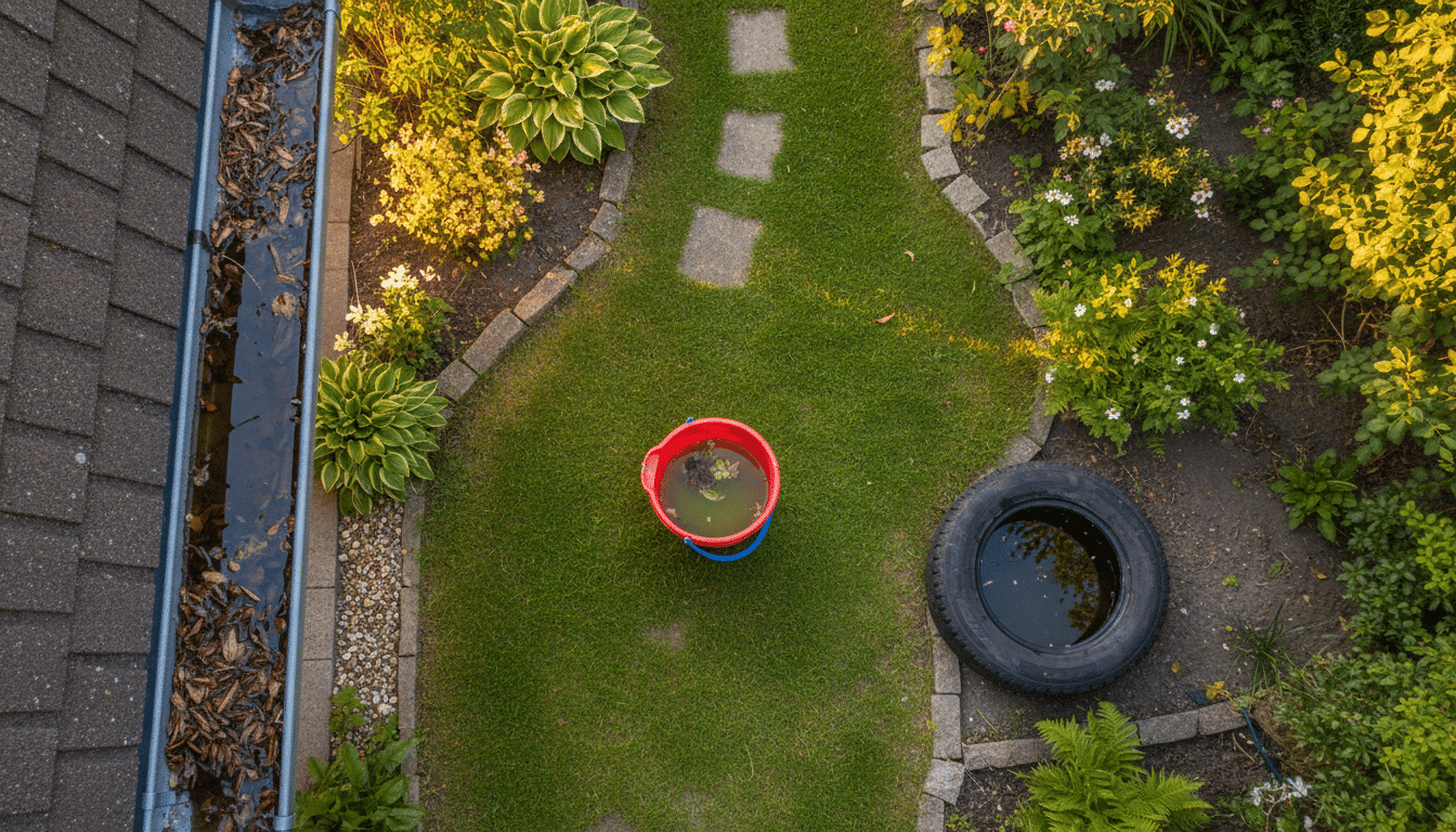 Cachettes d'eau stagnante dans un jardin : jouets, gouttière, pneu