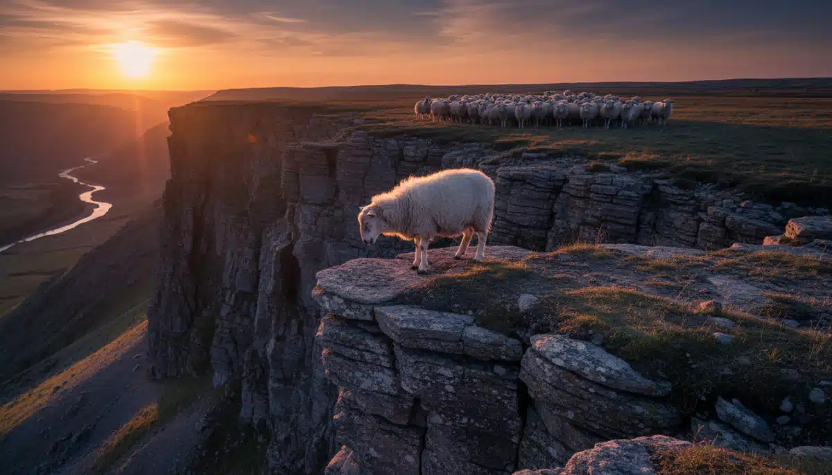 Mouton au bord d'une falaise face au vide