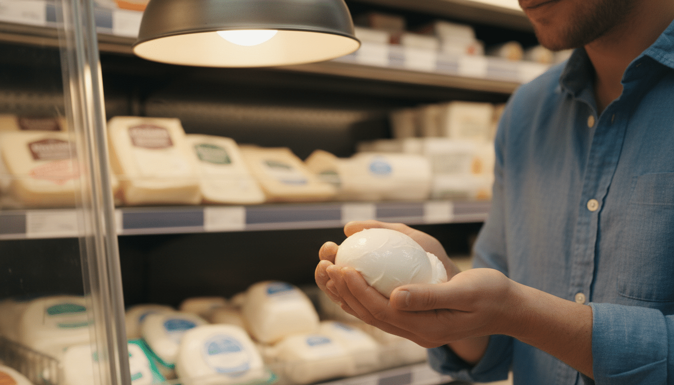 Personne tenant une boule de mozzarella en supermarché