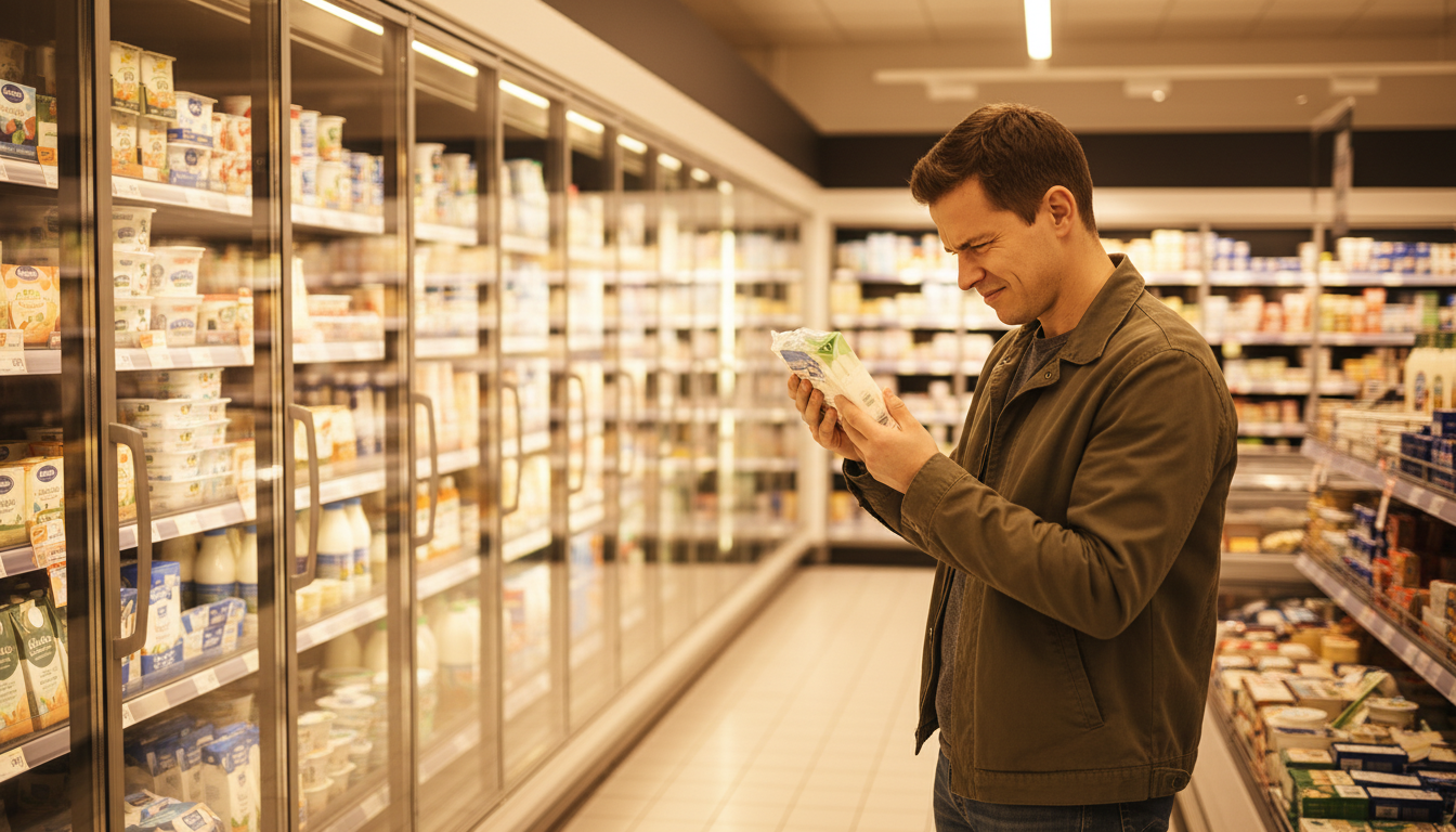 Lecture de l'étiquette d'une mozzarella au rayon frais