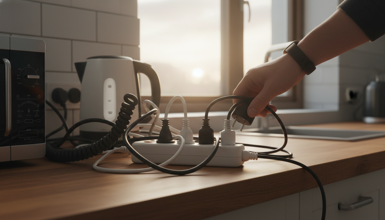 Multiprise de cuisine surchargée avec plusieurs appareils branchés