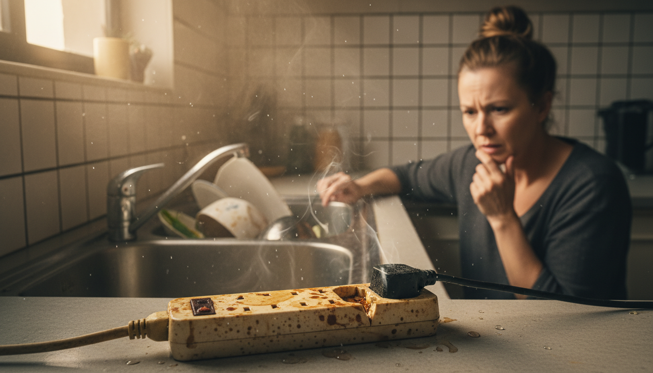 Multiprise grasse et jaunie près d'un évier de cuisine