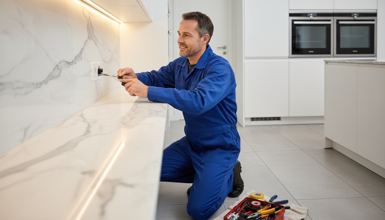 Électricien installant une prise murale dédiée en cuisine
