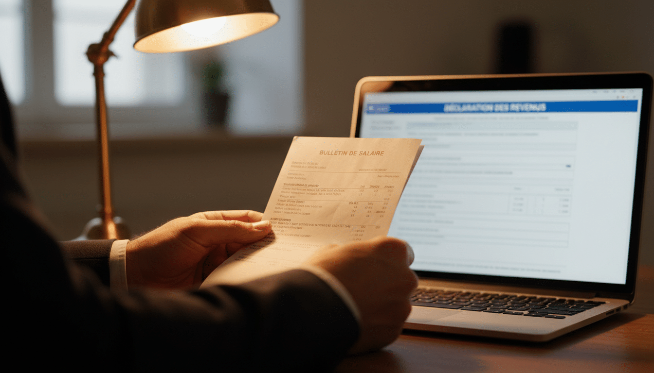 Salarié vérifiant sa fiche de paie et sa déclaration d'impôts