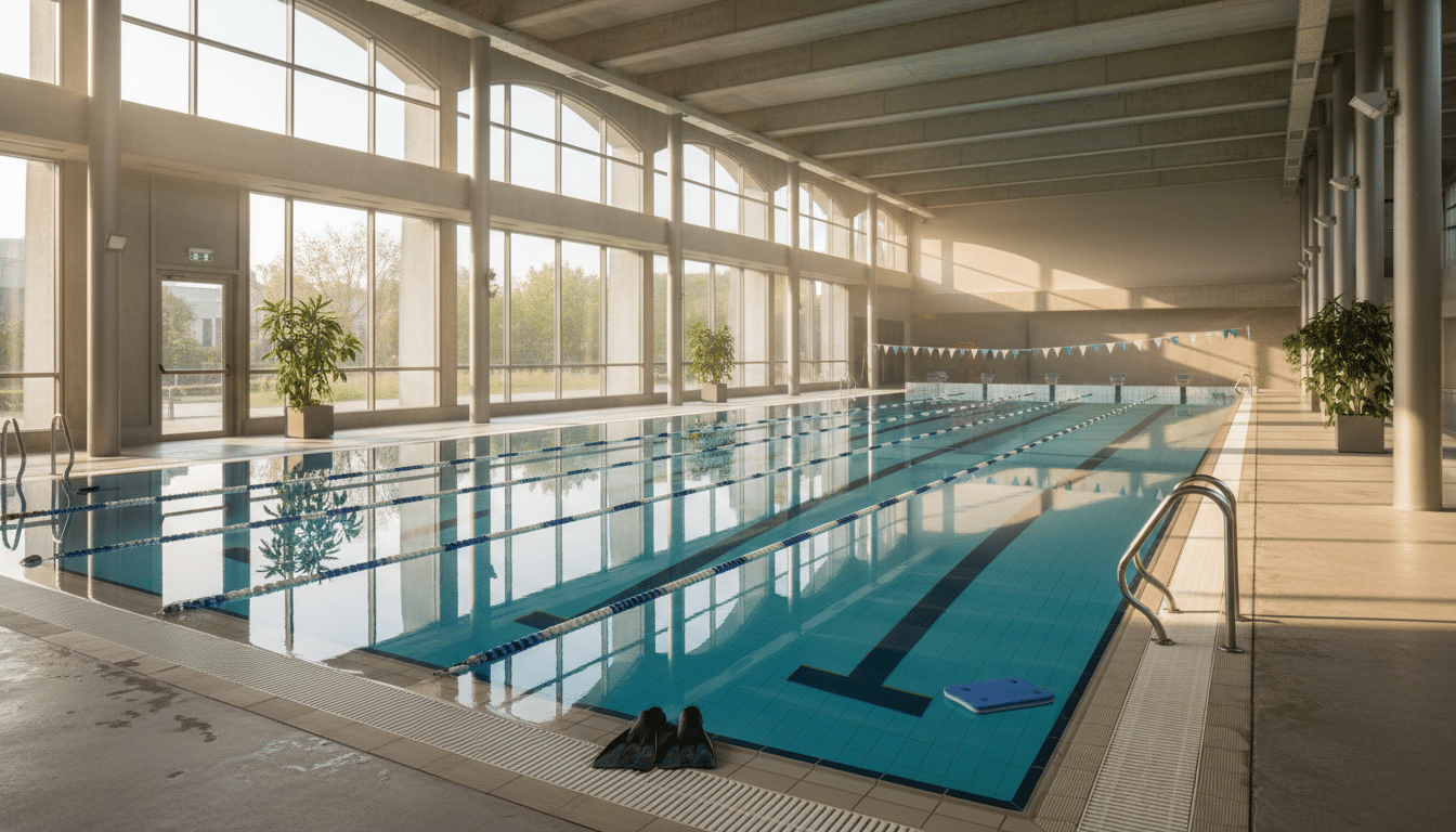 Piscine intérieure d'un complexe sportif parisien avec palmes et planche