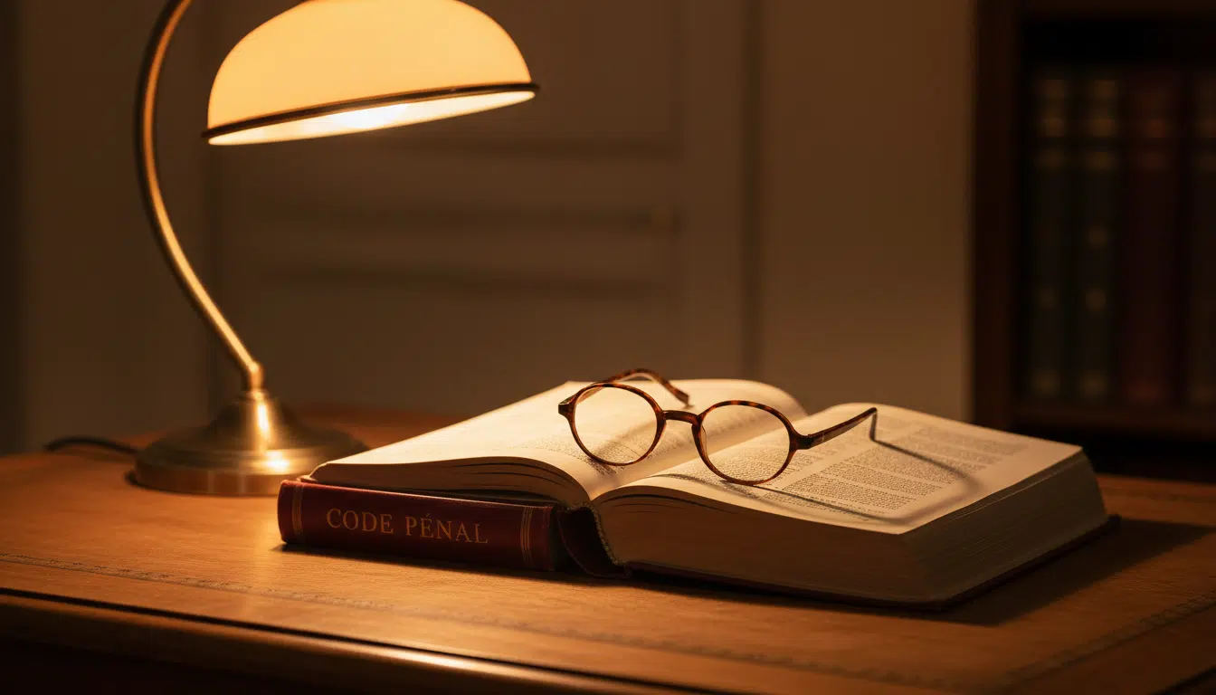 Code pénal français ouvert sur un bureau en bois avec une lampe ambrée