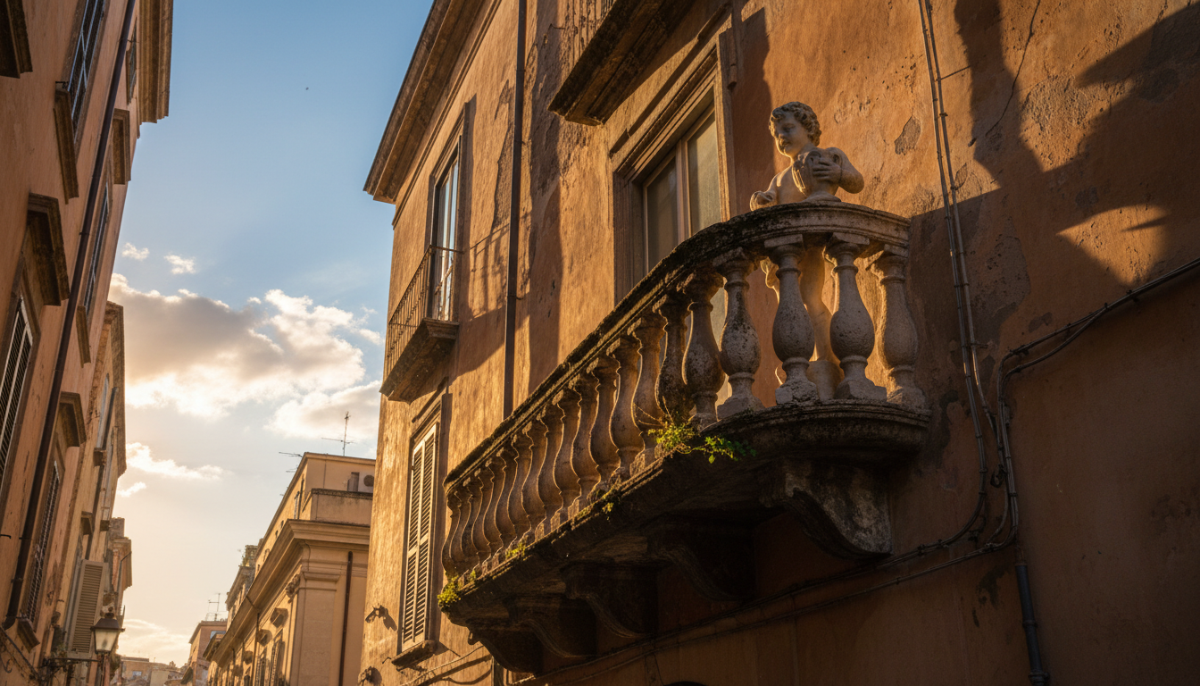 Balcon ancien avec statuette sur un immeuble napolitain