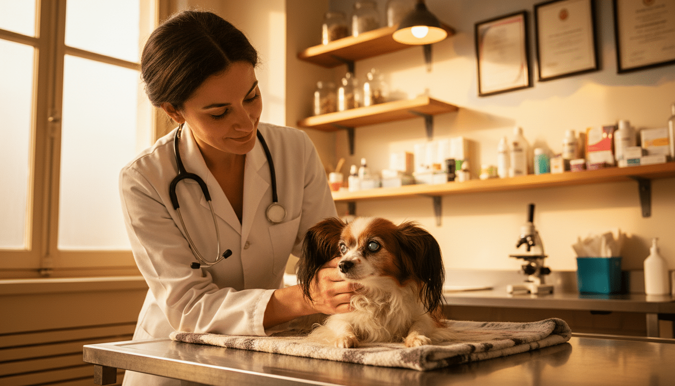 Vétérinaire examinant Lazare le plus vieux chien du monde