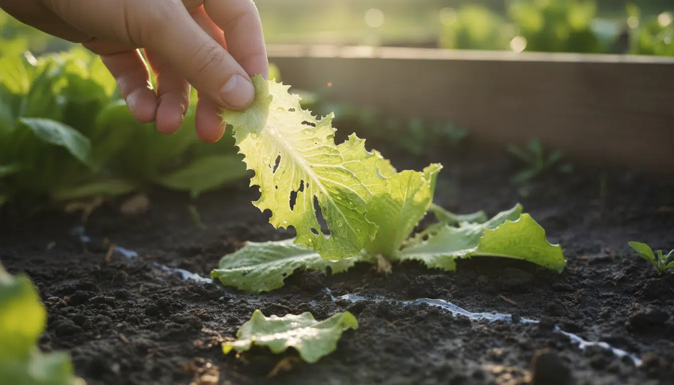 Feuille de salade trouée par les limaces au potager