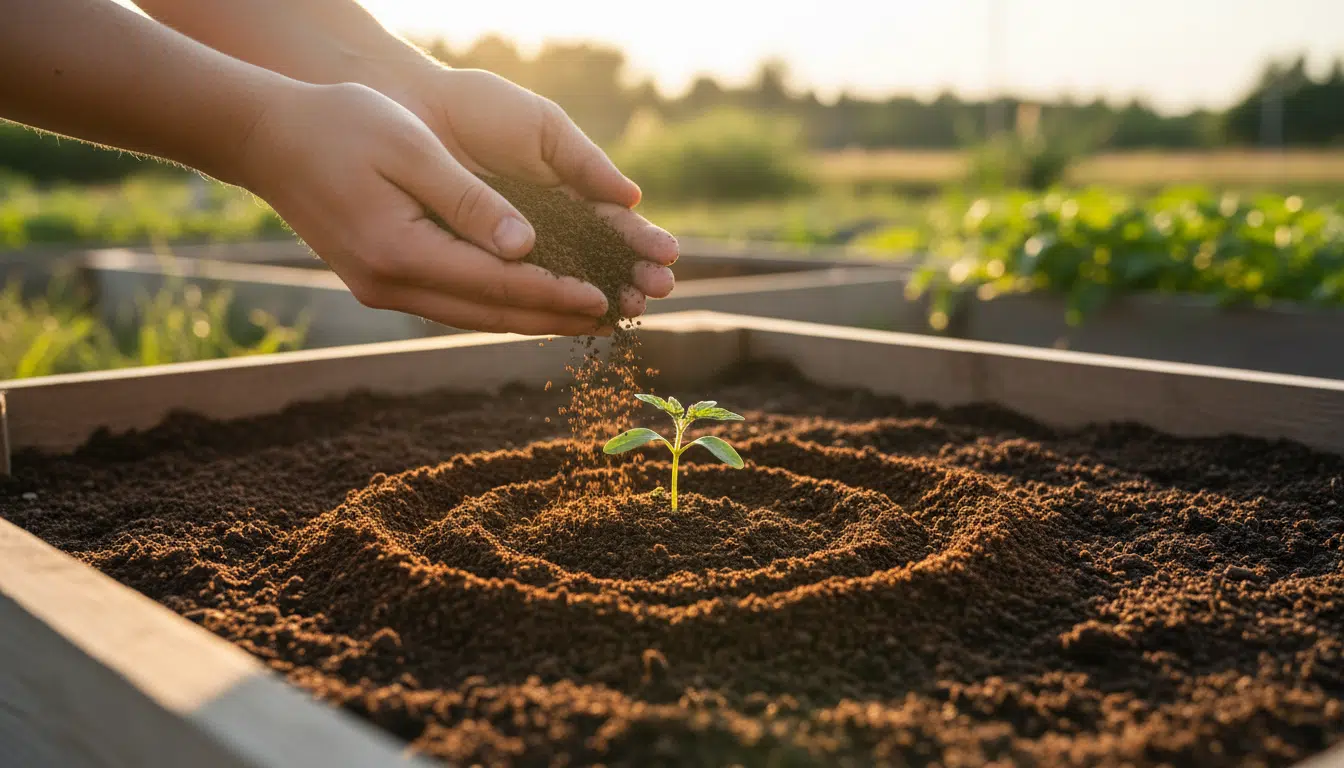 Marc de café sec déposé en anneau autour d'un plant de tomate