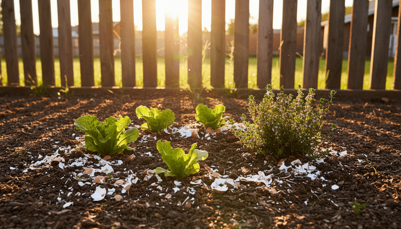 Coquilles d'œufs et marc de café mélangés au pied des salades