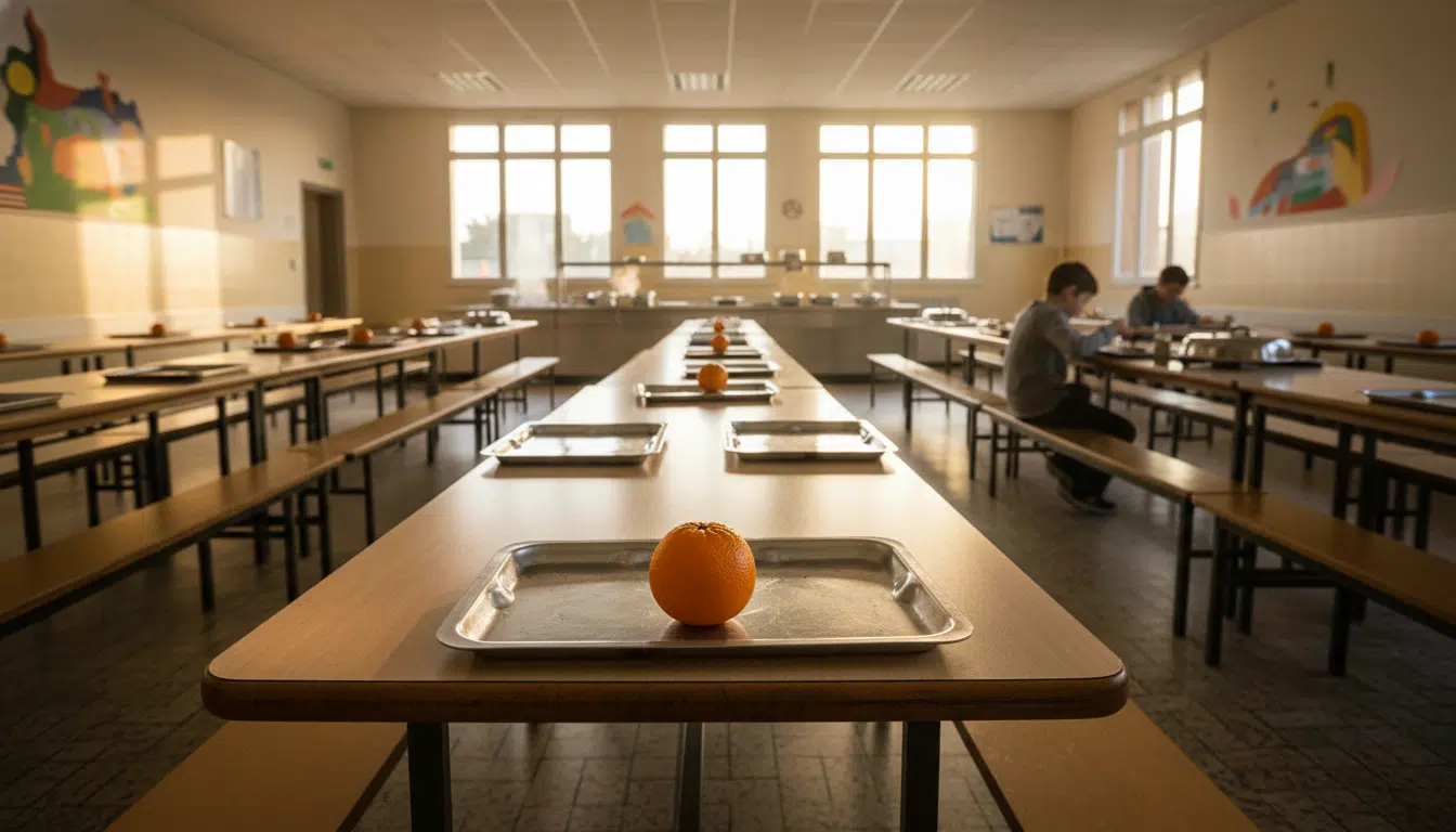 Cantine scolaire française avec une orange sur un plateau