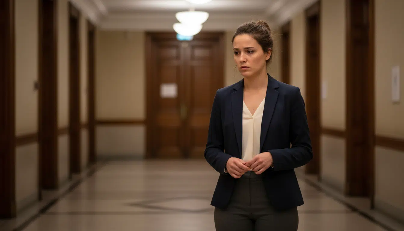 Jeune femme inquiète dans un couloir de tribunal