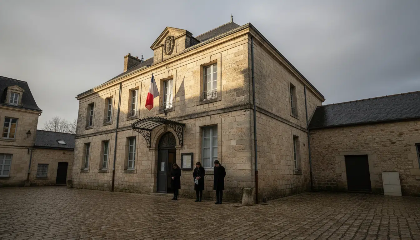 Façade d'un tribunal français sous un ciel nuageux
