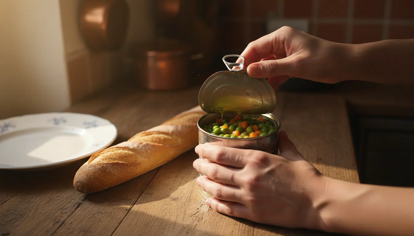 Ouverture d'une boîte de petits pois carottes en cuisine