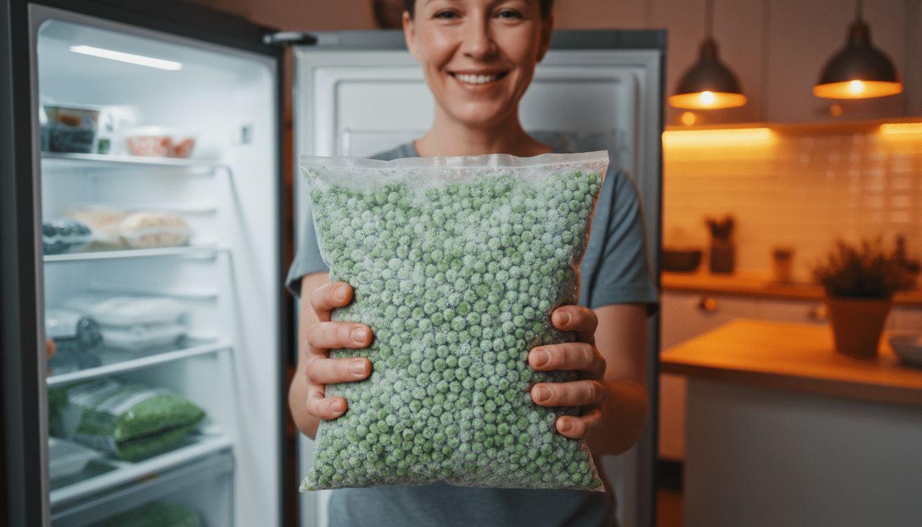 Sachet de petits pois surgelés tenu devant un congélateur
