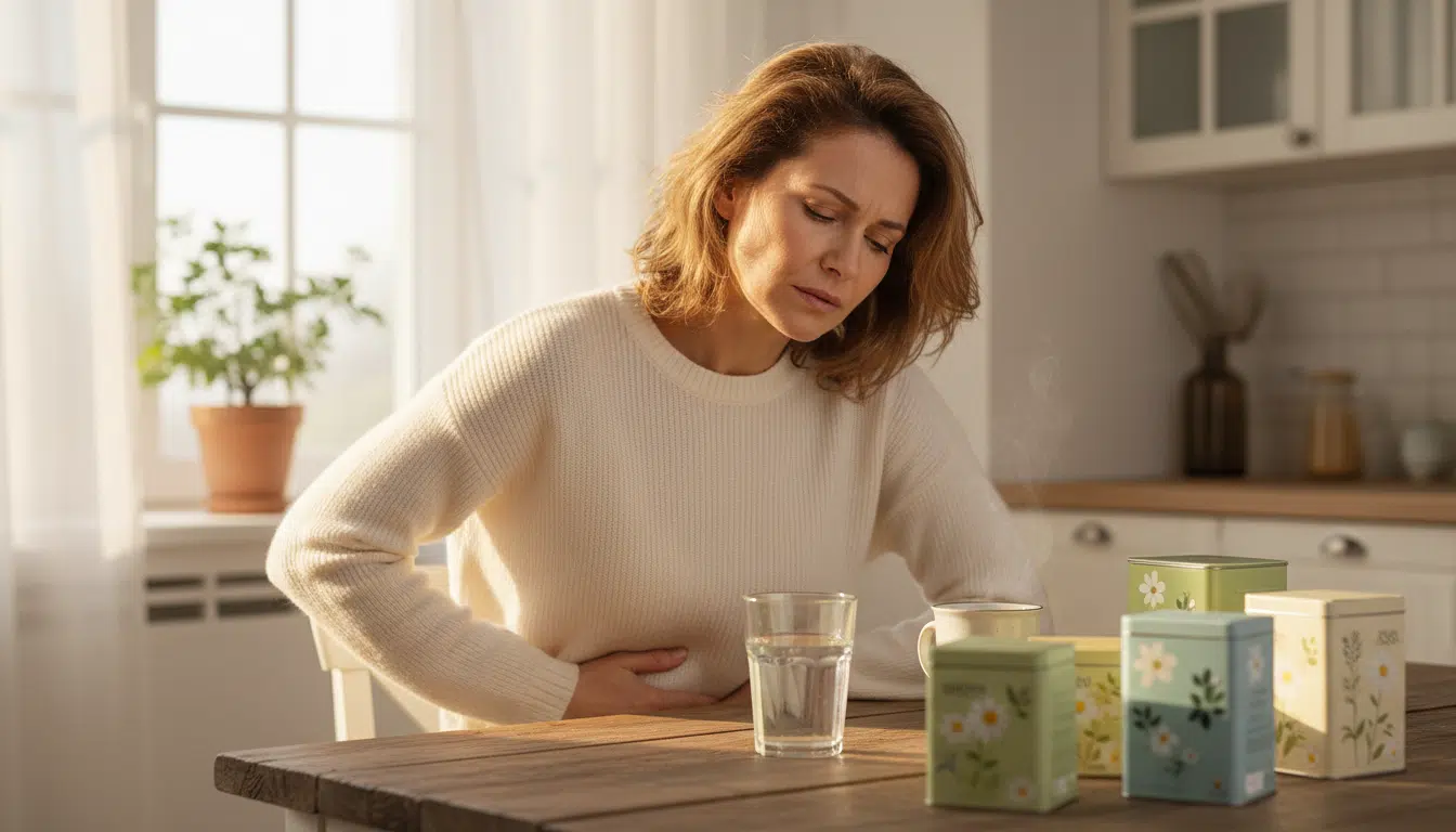 Femme souffrant du ventre devant des tisanes et un verre d'eau