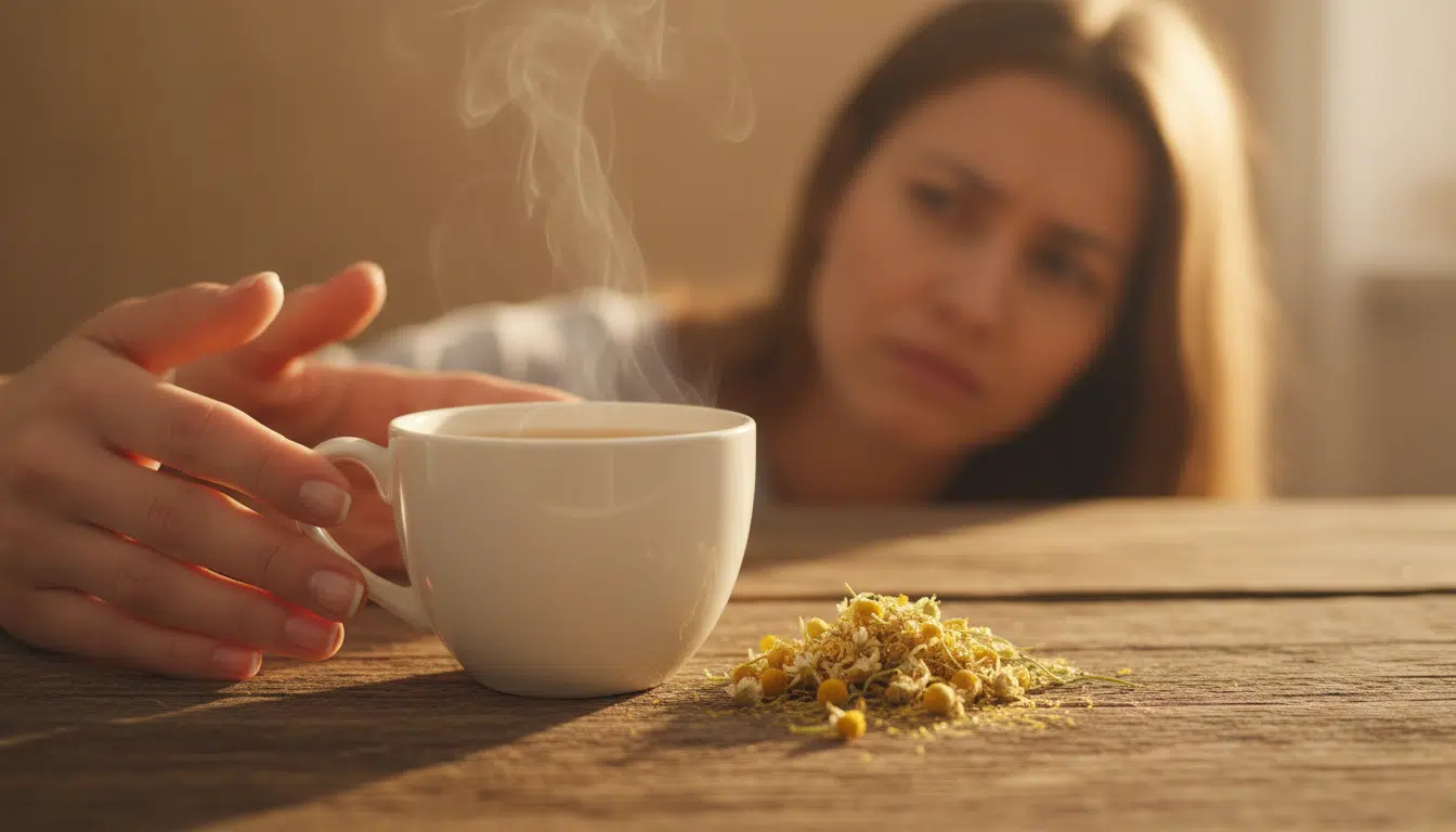 Tasse de tisane de camomille repoussée avec hésitation