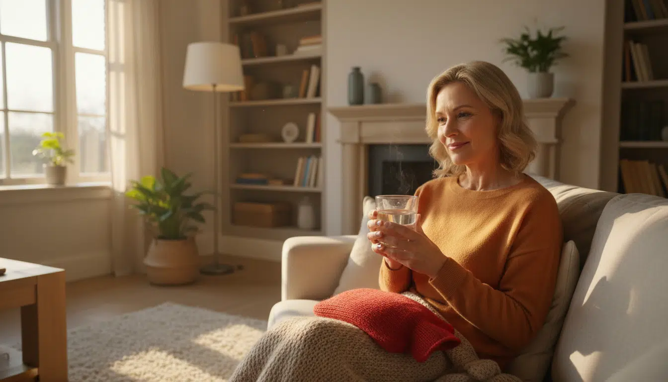 Femme souriante buvant un verre d'eau chaude avec bouillotte