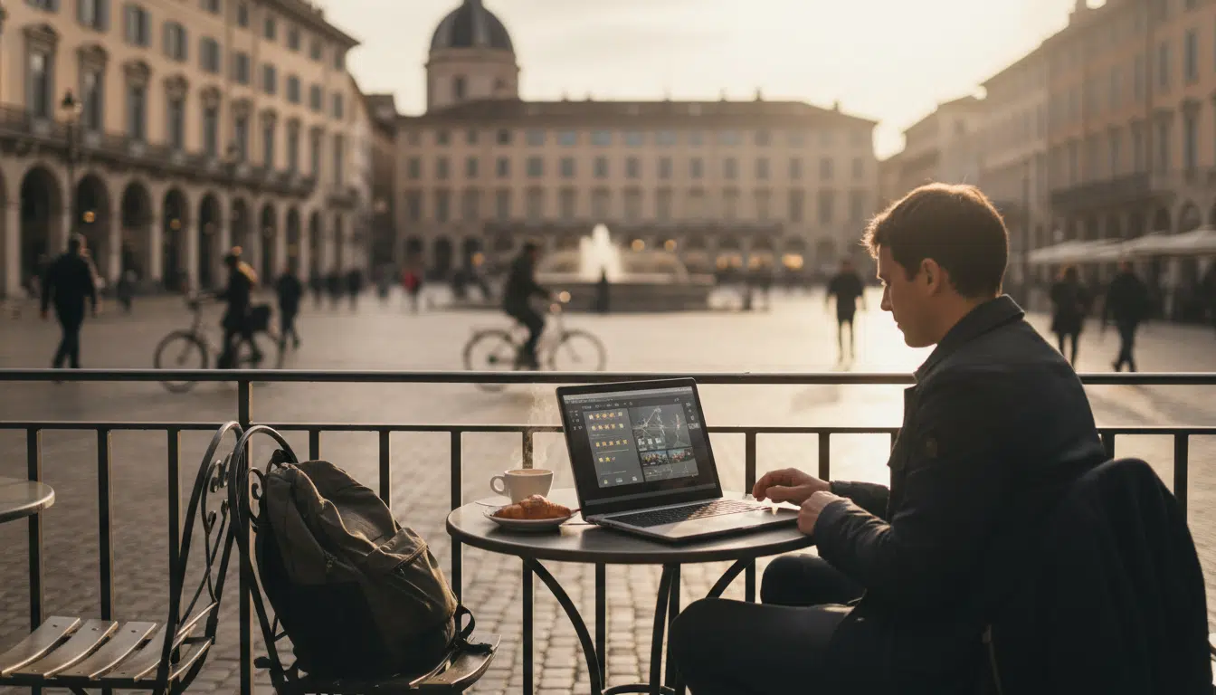 Voyageur consultant des avis touristiques dans un café européen