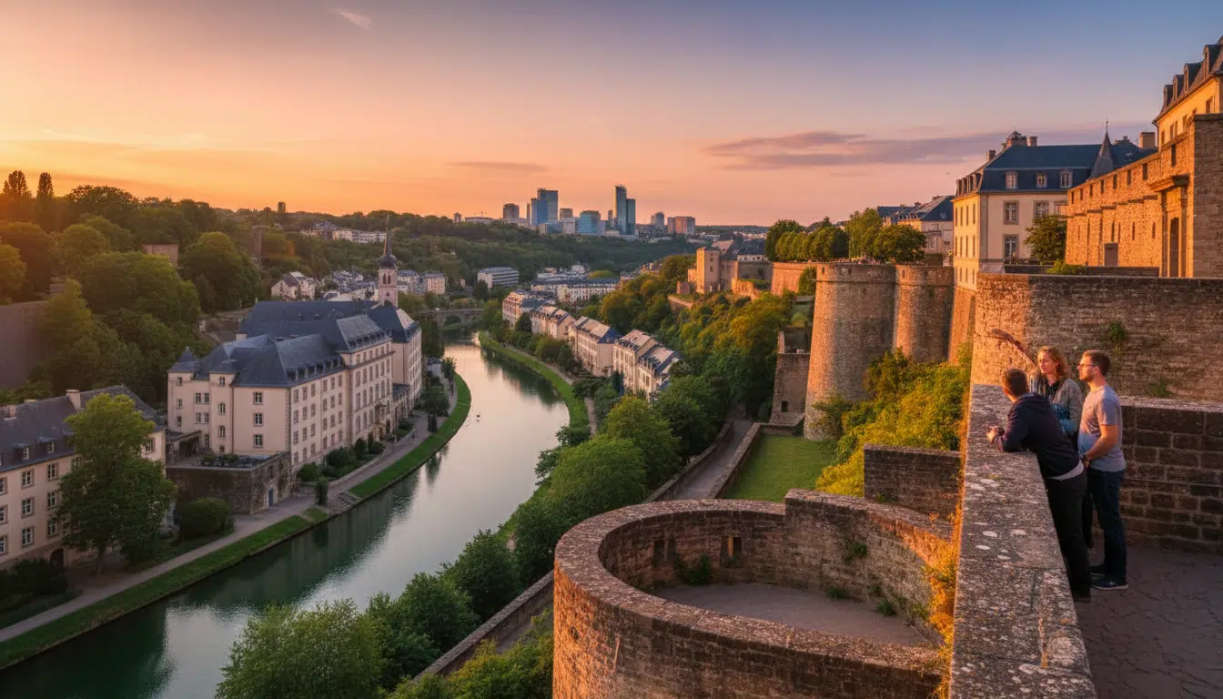Vue panoramique du quartier du Grund à Luxembourg depuis la Corniche
