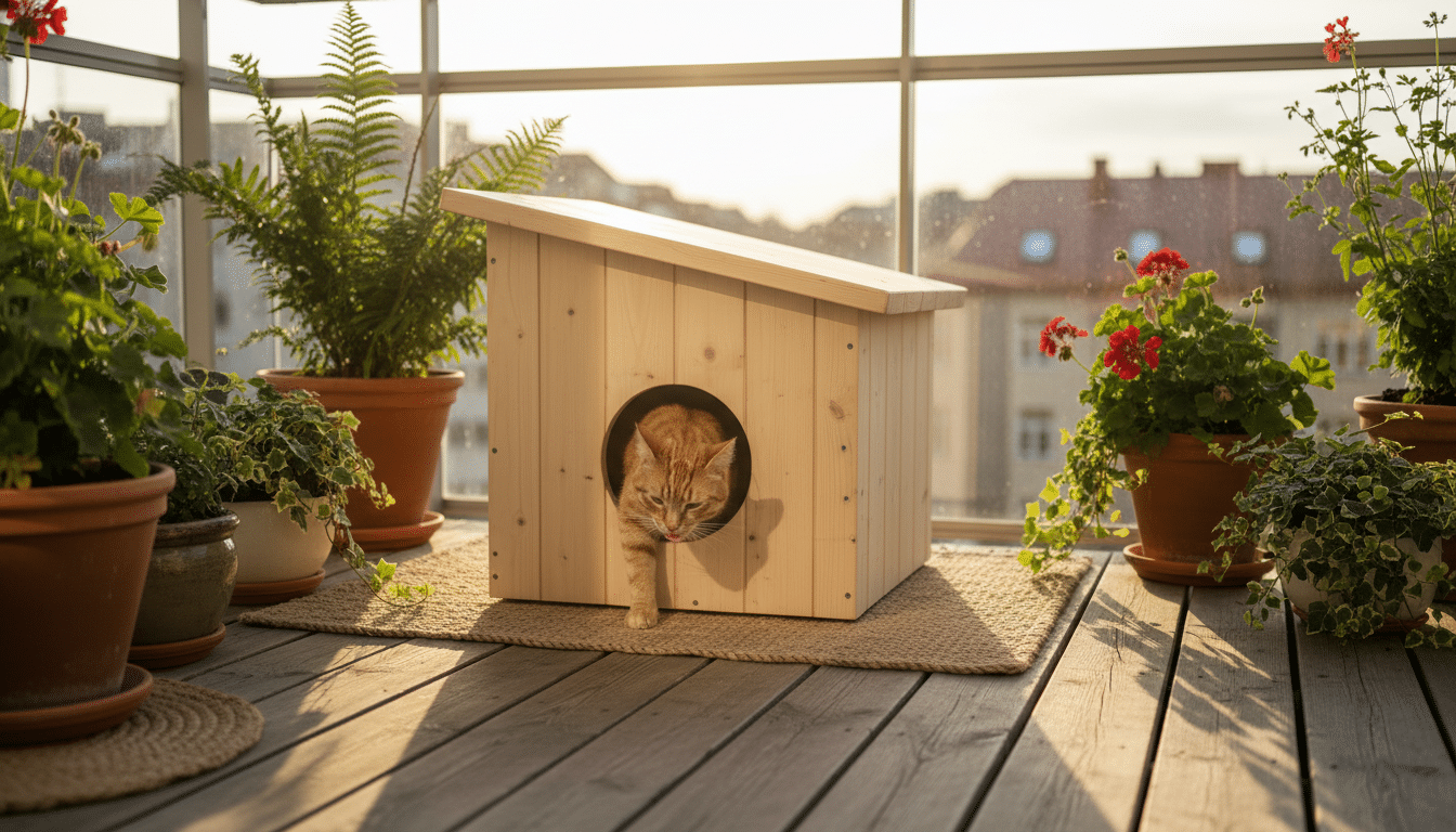 Niche en bois scandinave pour chat sur un balcon